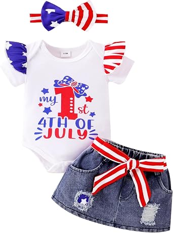 My 1st 4th of July Outfit Baby Girl 4th of July Outfits Cute Romper Jeans Dress American Flag Skirt Set 0-18 Months