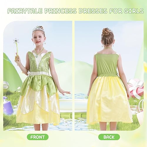Miniatura 3 de COTRIO Vestido de princesa de rana de hada verde para niñas, vestidos de princesa para niños, disfraces de Halloween con accesorios, trajes de