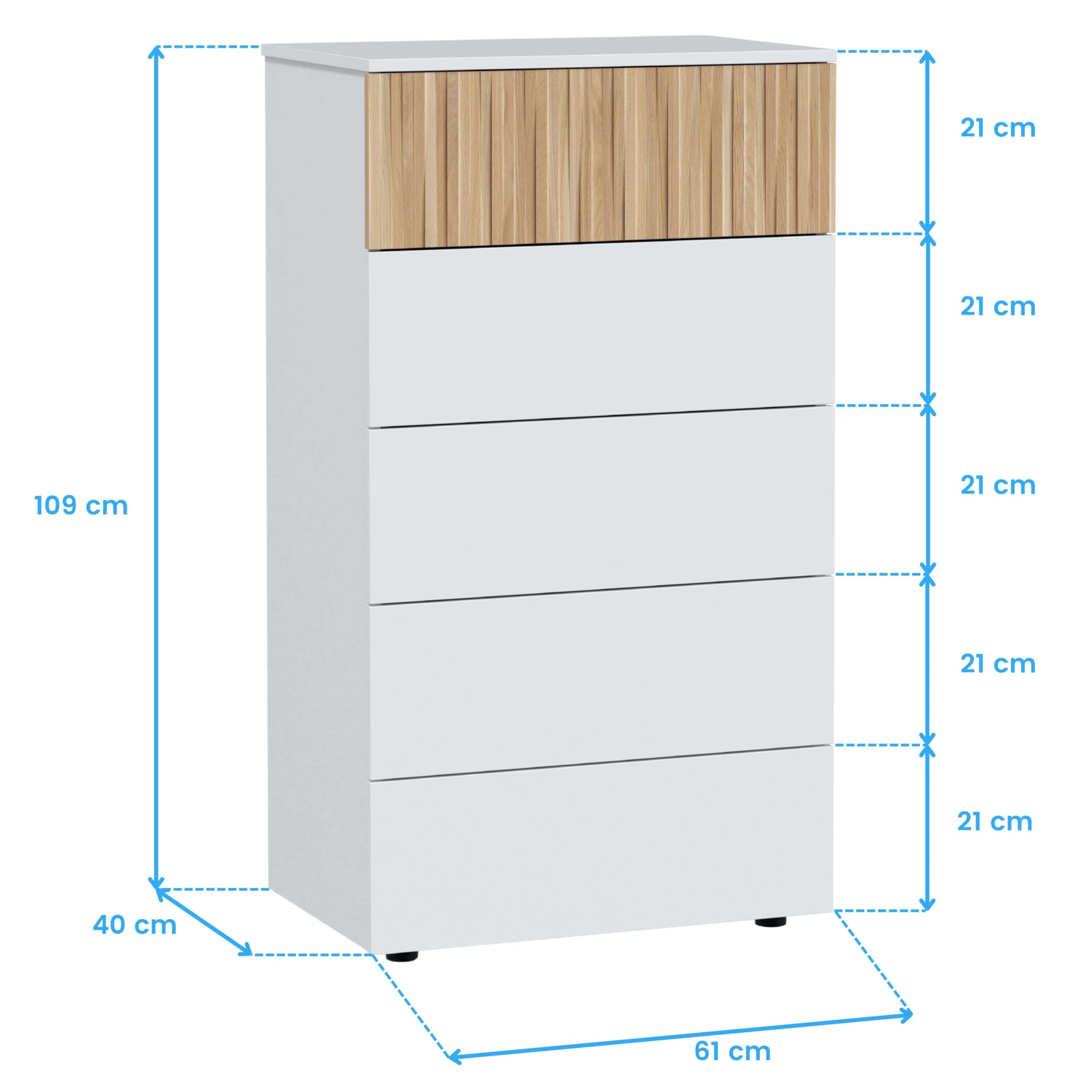 Habitdesign Cómoda 5 Cajones, 109x61x40 (AltoxAnchoxFondo-en cm), Sinfonier 5 Cajones Color Blanco Artik y Natur, Modelo Ethna