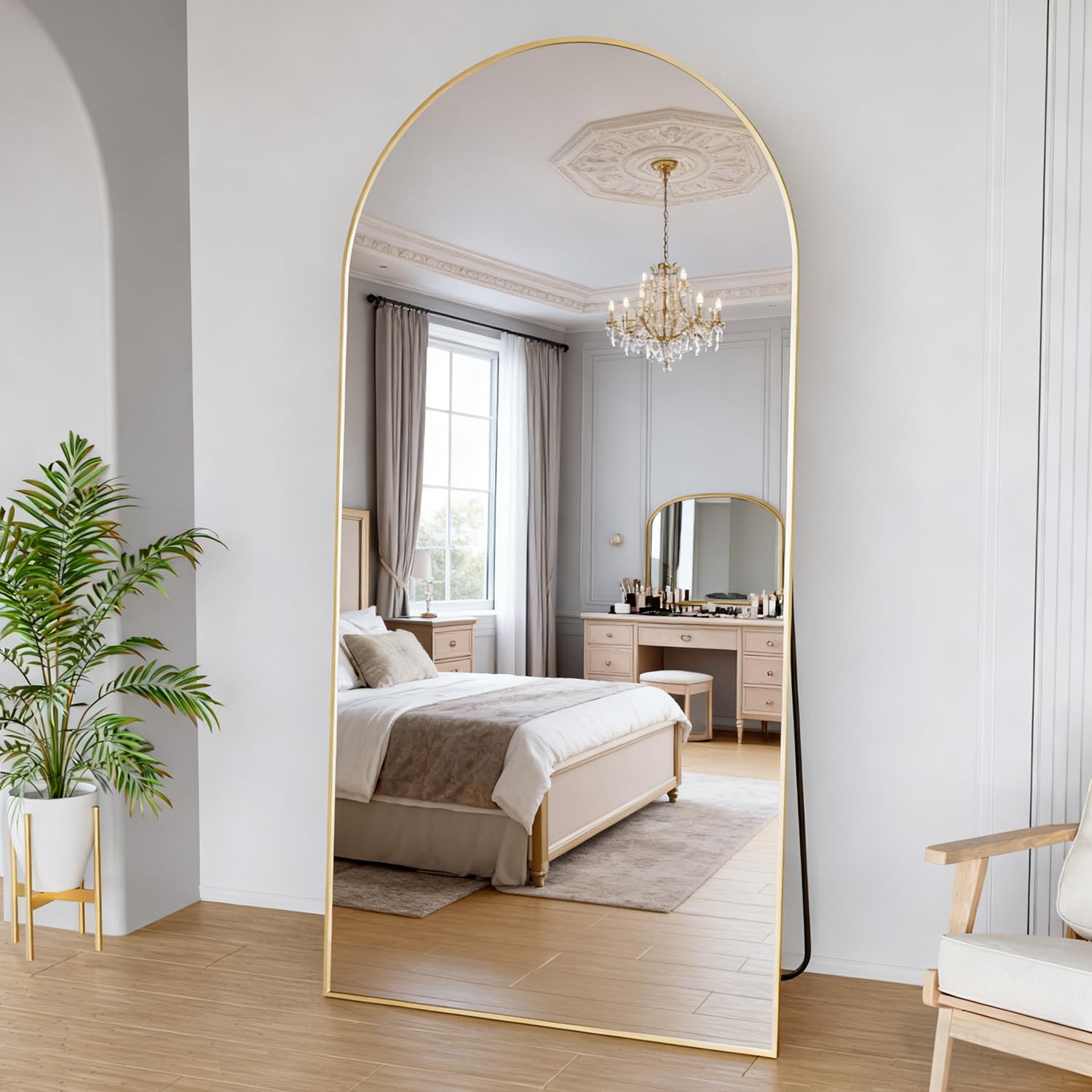 Elemango 193x86cm Arched Floor Full Length Mirror, Full Body Wall Mirror with Aluminum Frame, Arched-Top Full Dressing Mirrors Standing Hanging or Leaning for Bedroom Living Room, Gold