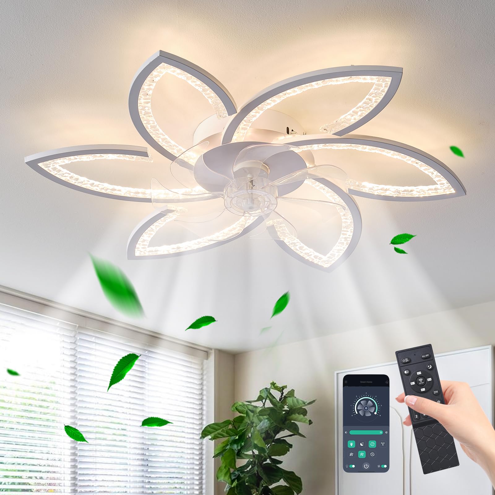 JIINOO Ceiling Fan with Dimmable LED Light, Modern Fan Lamp with Remote Control, Quiet Motor with 6 Reversible Speeds for Living Room and Bedroom, 78 cm White