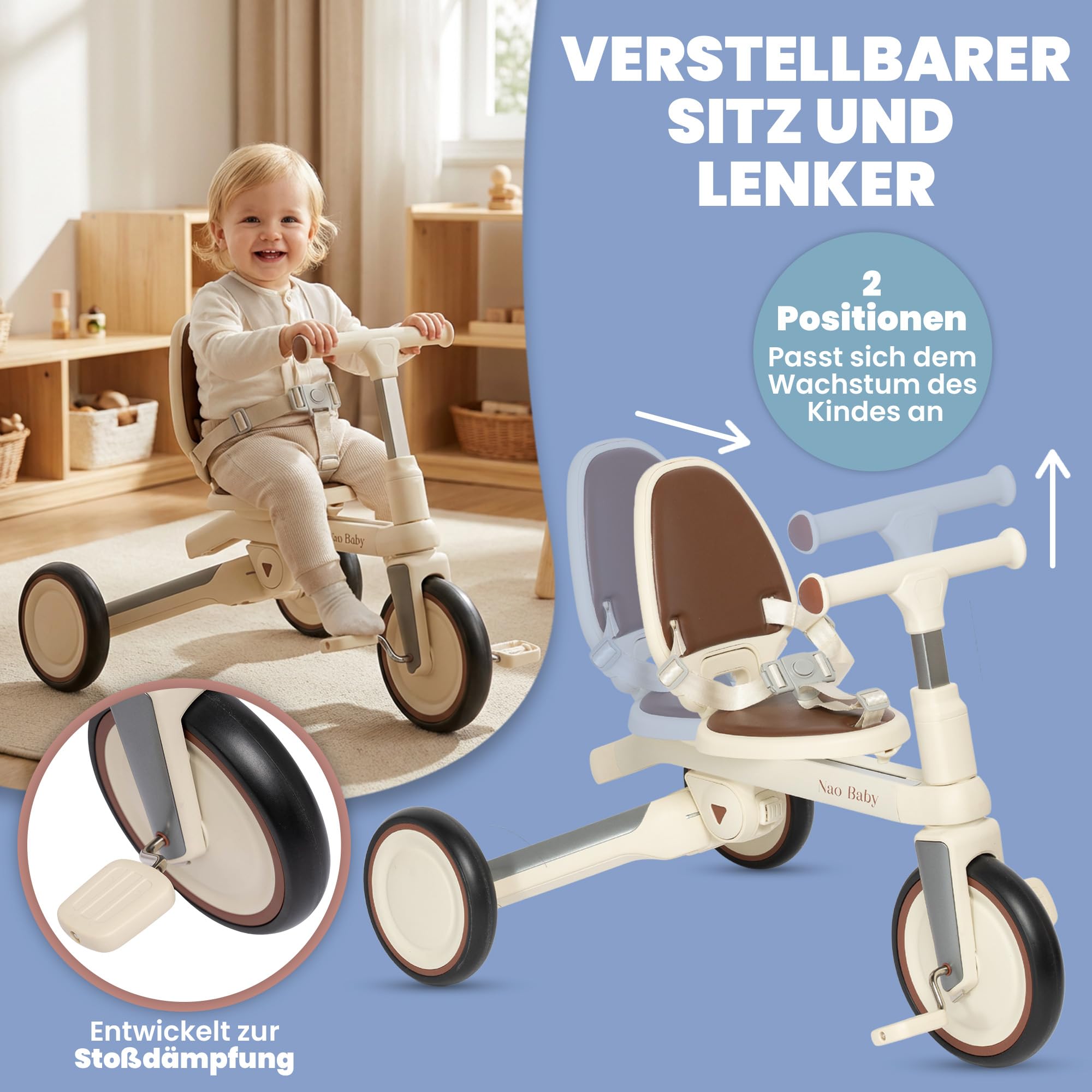 Dreirad Ab 1 Jahr mit Schubstange – Faltbar & Verstellbar, Mitwachsendes Kinder Dreirad (1–5 Jahre), Auch als Laufrad & Dreirad Ab 2 Jahre Nutzbar (Verschiedene Modelle) (Mit Kapuze)