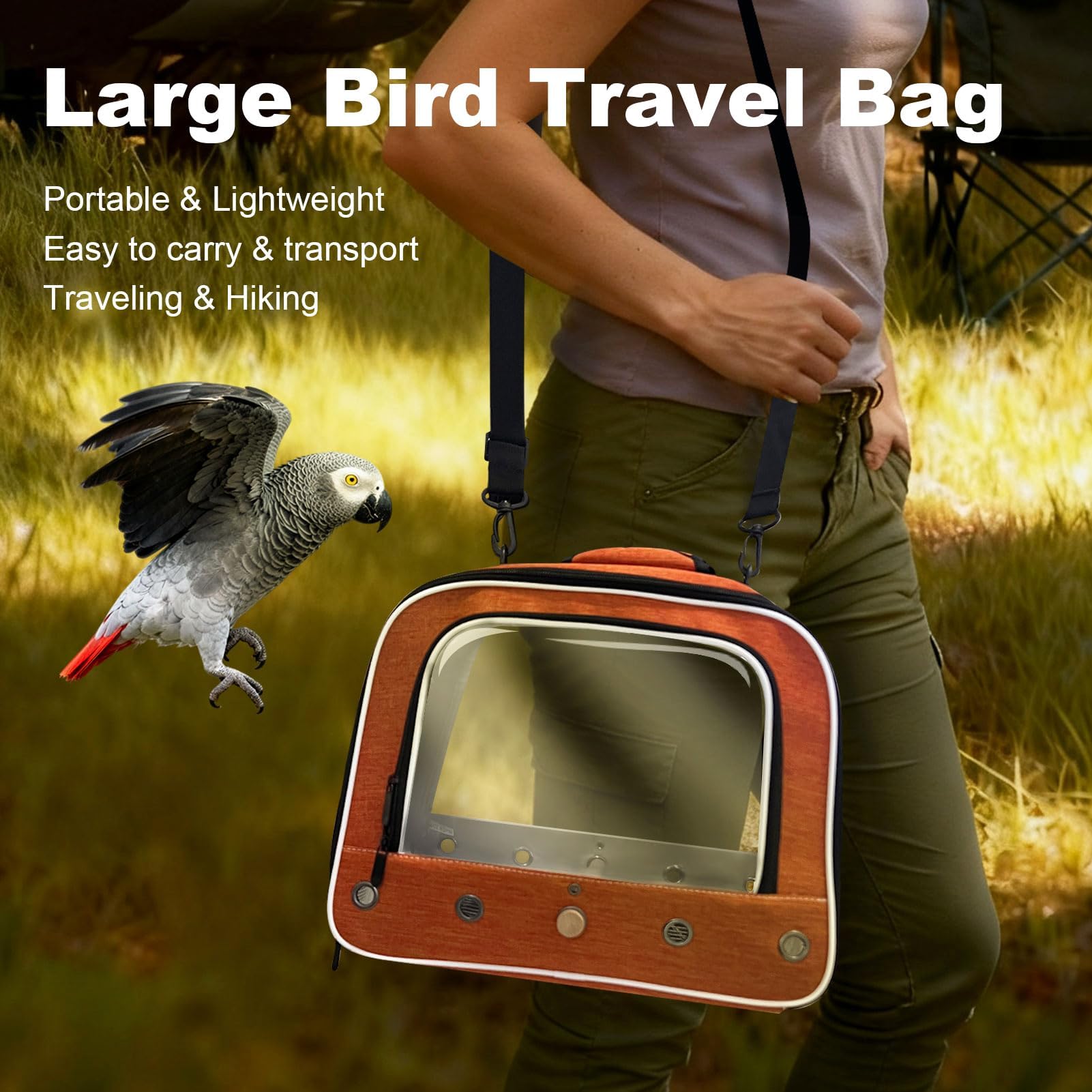 Sac de transport pour oiseaux de grande taille avec plateau en métal et grille pour oiseaux de taille moyenne et grande comme le gris africain, calopsitte à longue queue et perroquet (orange, L)