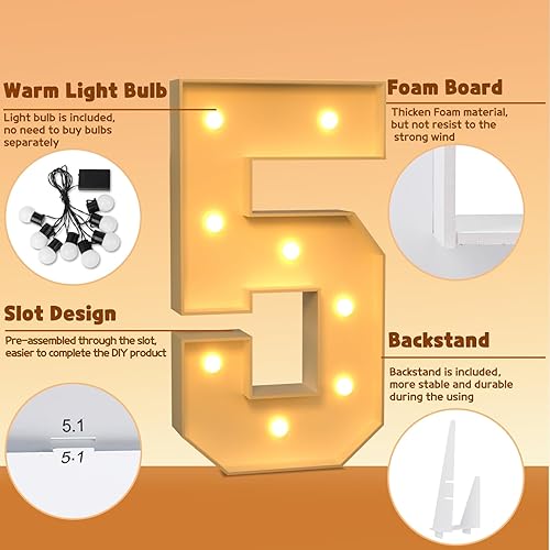 Miniatura 4 de imprsv Números iluminados de 3 pies, números de marquesina 5 para decoraciones de cumpleaños de 15 y 50 años, decoración de fiesta de aniversario,