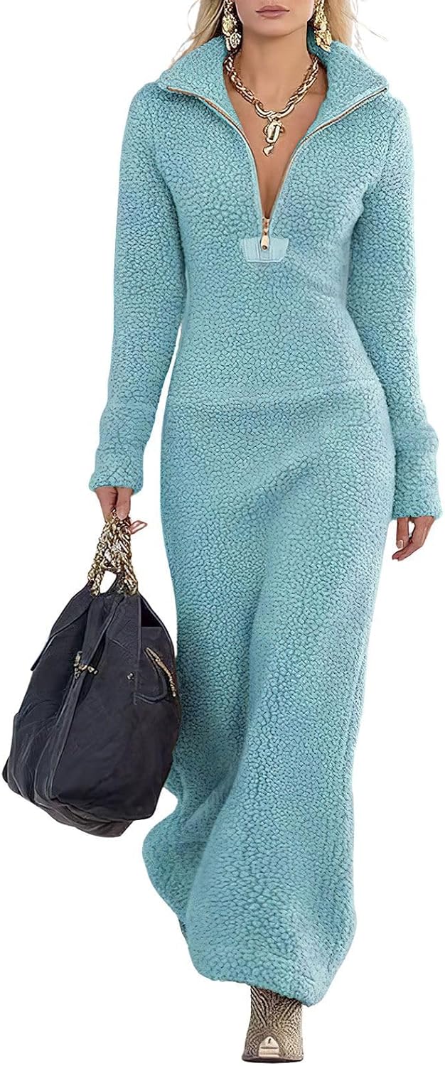 ebossy Women's Casual Warm Half Zip Sweatshirt V Neck Long Sleeve Fuzzy Fleece Fall Flare Maxi Dress