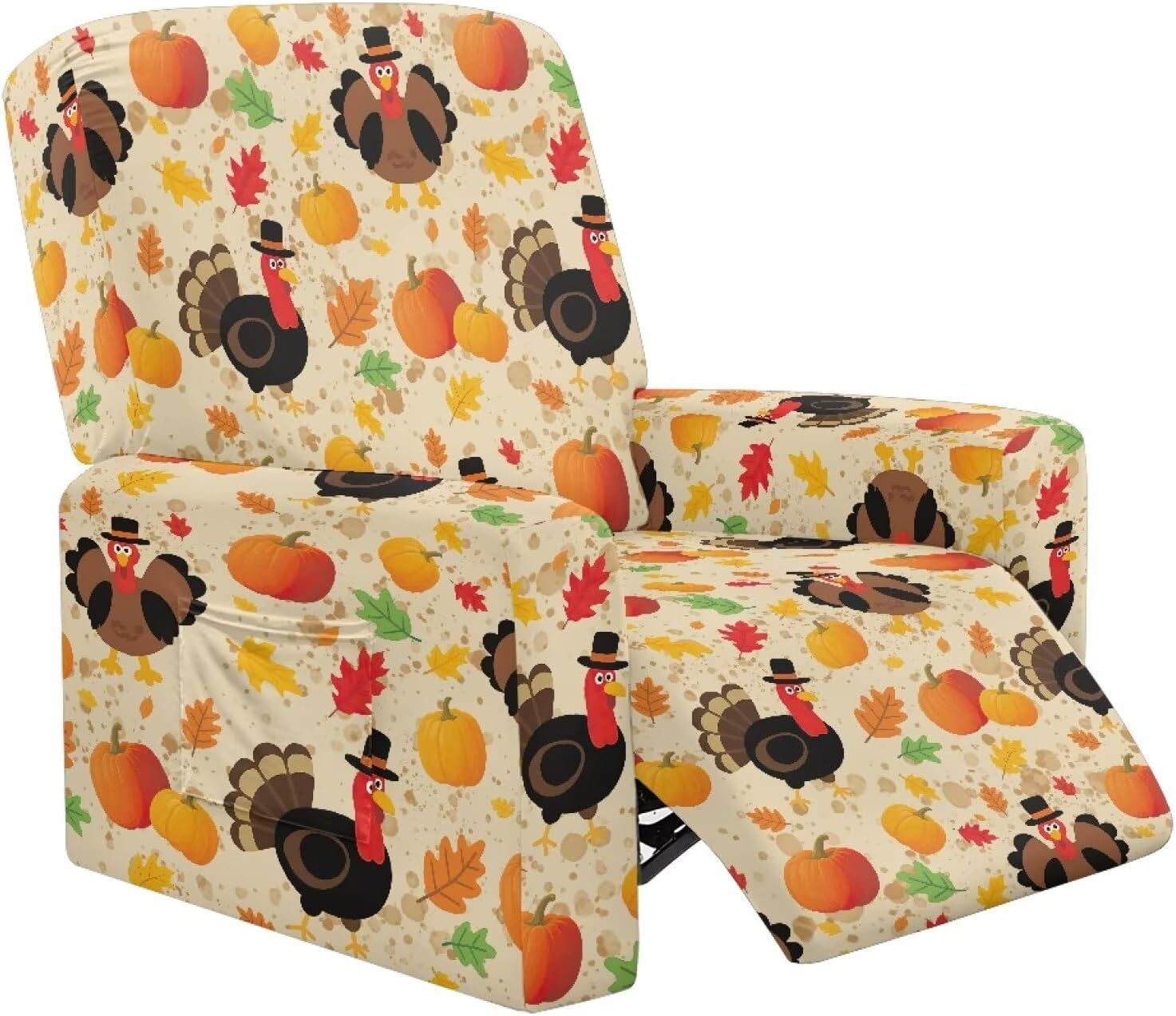 FOR U DESIGNS Turkey Pumpkin Leaves Chair Cover for Recliner with Storage Pockets 4-Piece Stretch Slipcover Washable Furniture Protector for Living Room Sofas Thanksgiving Decorations