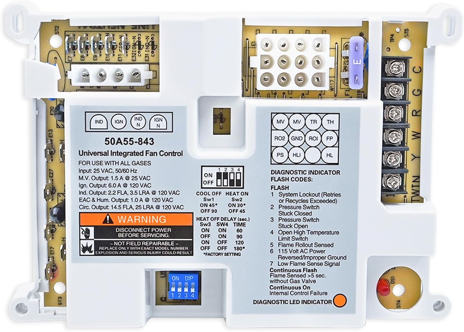 50A55-843 Furnace Control Board, Replacement for White Rodgers 50A55-843 Board, Compatible with 50A50-241 50A50-405 50A55-288 50A55-486, Universal Integrated Furnace Ignition Control Module