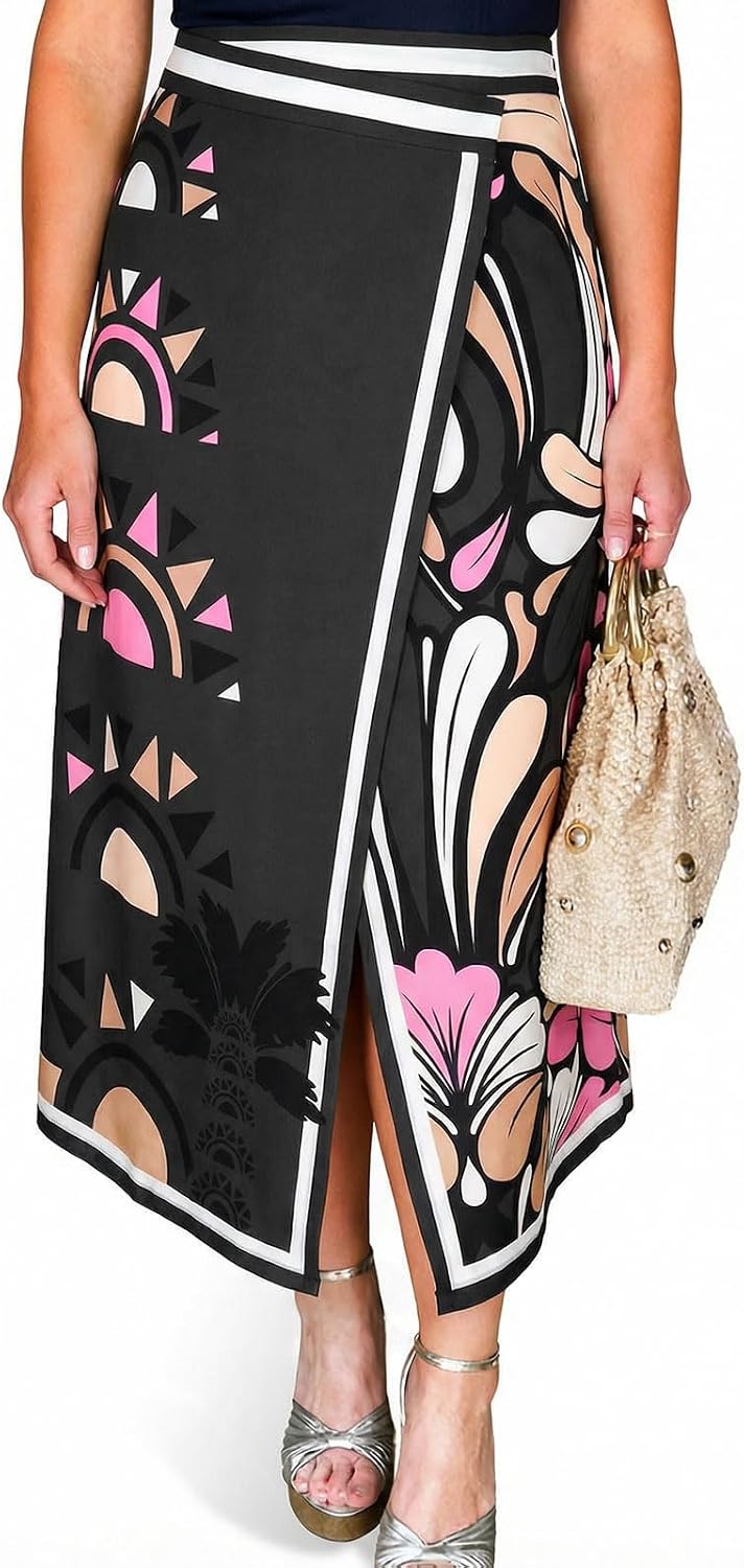 Tankaneo Women Floral Wrap Maxi Skirt Boho Elastic High Waisted Zipper Split A Line Flower Midi Skirts