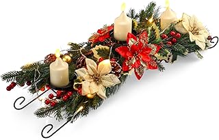 26 Inch Christmas Centerpieces for Tables Christmas Tree Candle Holder Mantel Decorations with Artificial Berries Pine Cones Pine Picks Poinsettia with Clips, Warm White String Lights