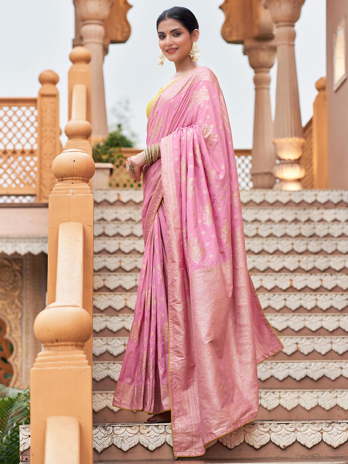 Satrani Women's Silk Blend Banarasi Jacquard Saree With Unstitched Blouse Piece (3889S311N_Light Pink)