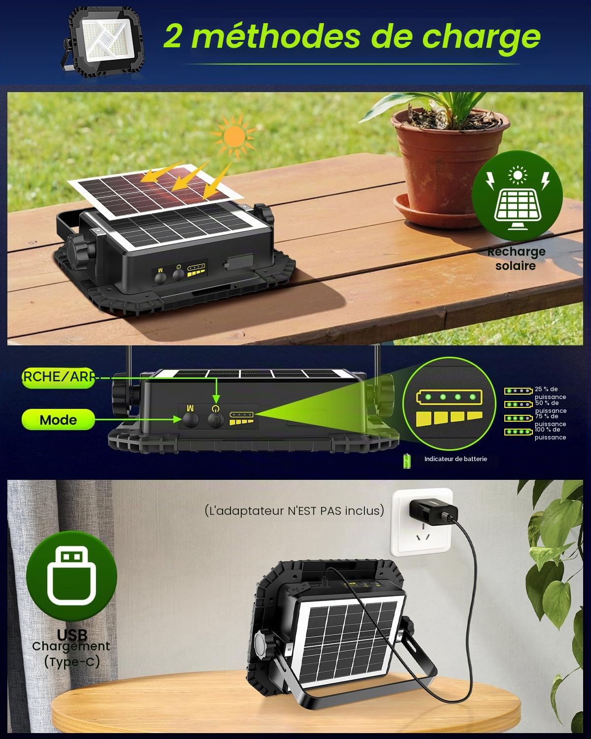 CLV Projecteur LED Rechargeable 200W, 20000mAh Projecteur LED Chantier Portable Solaire & Batterie Rechargeable 4 Modes 2 Luminosité Projecteur Magnetique Lampe de Travail IP66 étanche pour Camping