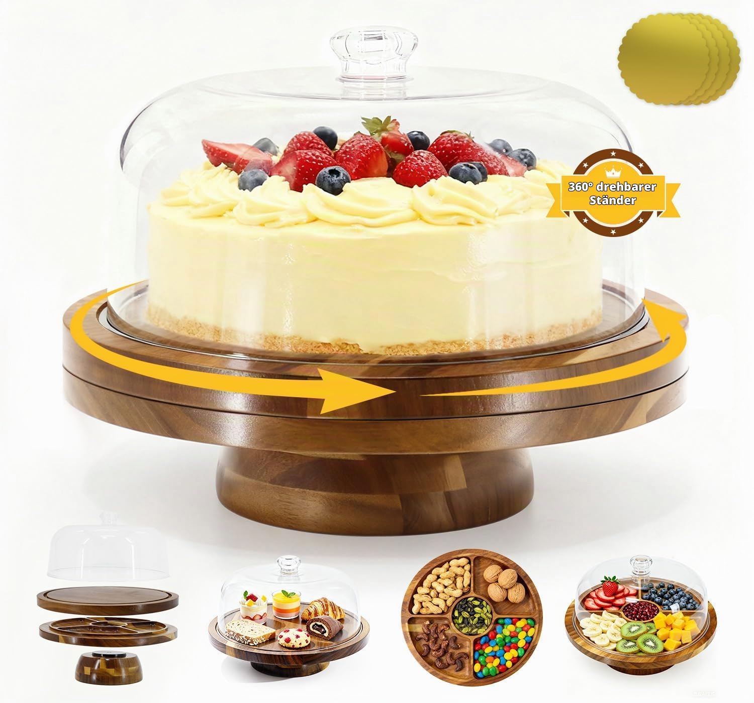30cm Drehbar Tortenständer Tortenplatte, Multifunktional Holz Kuchenständer | Mit Deckel & Fuß & 4 Stück Gold Cake Board, Runde Drehteller für Küche Backen Hochzeit Party