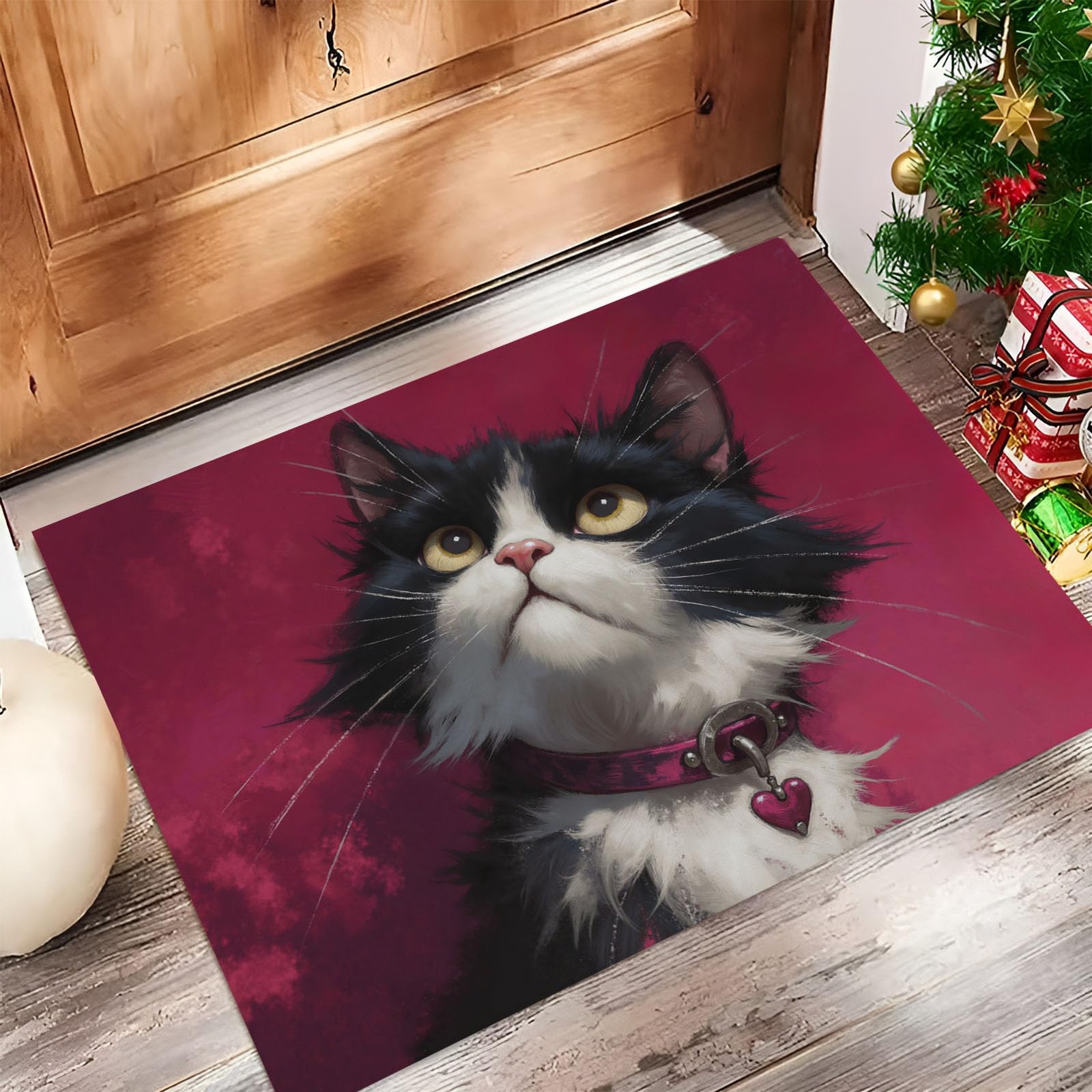 Felpudo de Entrada Gato Esmoquin, 80x120cm Alfombra para Puerta Estilo De Ilustración Realista, Antideslizante, Lavable Alfombrilla para Atrapar Suciedad para Pasillo, Cocina, Dormitorio, Magenta