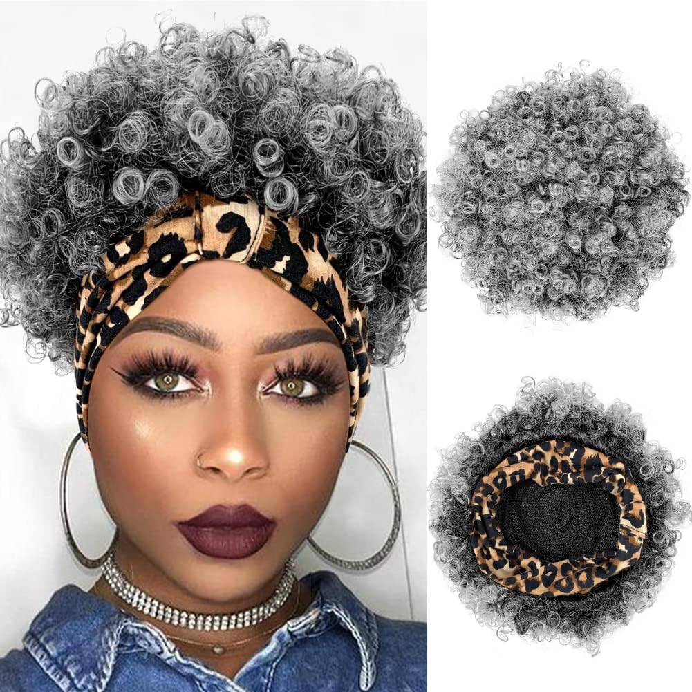 KRSI Headband Wig, Grey Wavy Afro Puff Wig with Headwrap
