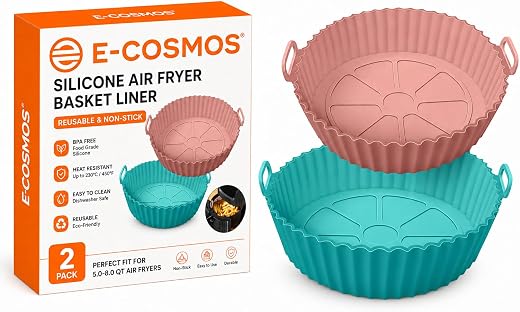 E-COSMOS® Nonstick Round Silicone Air Fryer Liners - Reusable Baking Tray with Ear Handles, 8 Inch Multicolor, Perfect for...