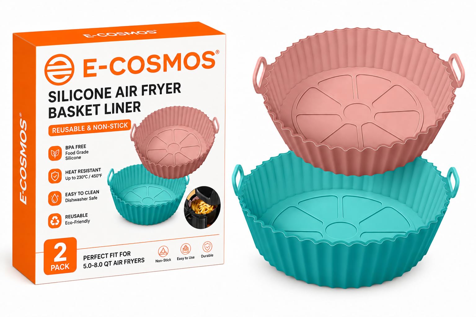 E-COSMOS® Nonstick Round Silicone Air Fryer Liners - Reusable Baking Tray with Ear Handles, 8 Inch Multicolor, Perfect for Easy Cooking & Cleanup - Multicolor (8 inch, Pack of 2)