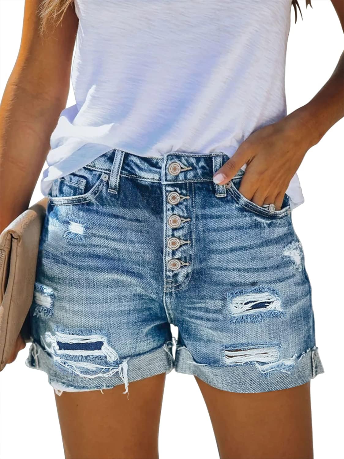 Angerella Denim Shorts for Women Mid Rise Ripped Jean Shorts Stretchy Folded Hem Hot Short Jeans