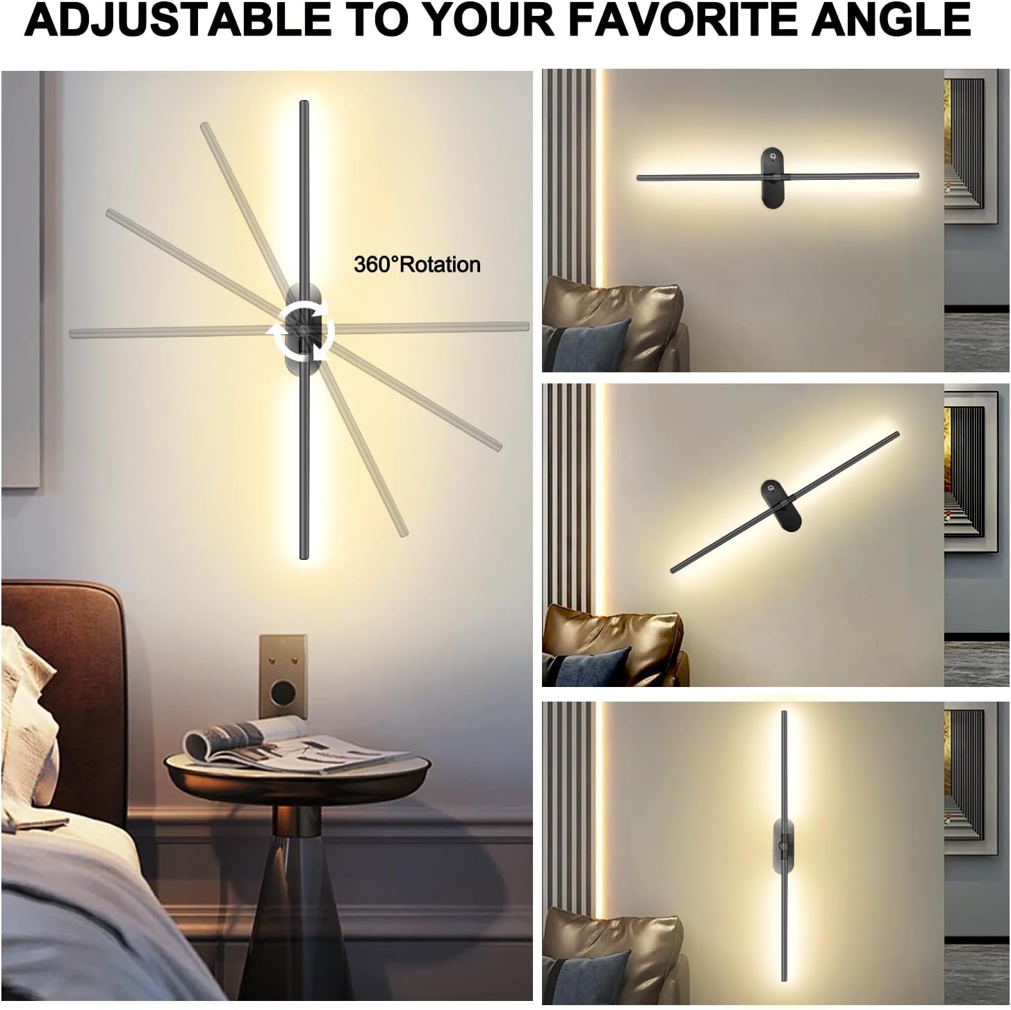 Rechargeable Wall Sconces Set of 2, 10000mAh Battery Operated Wall Lights with Remote Control, 360° Rotating Wireless Wall Lighting for Bedroom Living Room TV & Mirror, 31.5 Inch Black