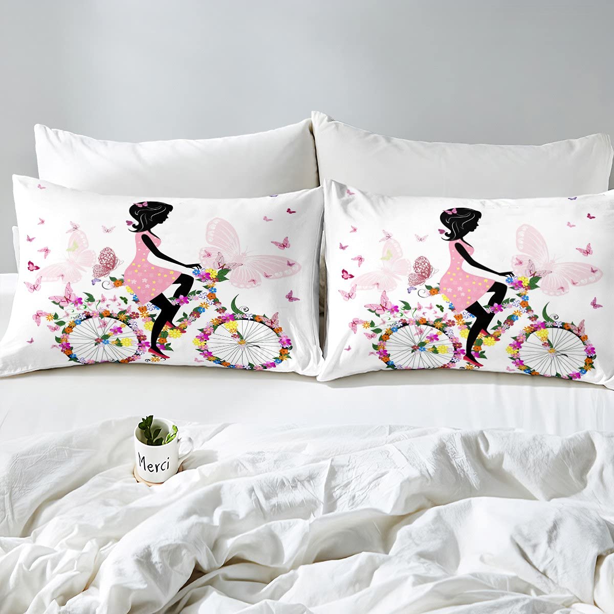 Juego de ropa de cama con diseño de mariposas, diseño de mariposas rosadas, colorido y floral para niña en bicicleta, juego de edredón romántico, 3 piezas, tamaño doble