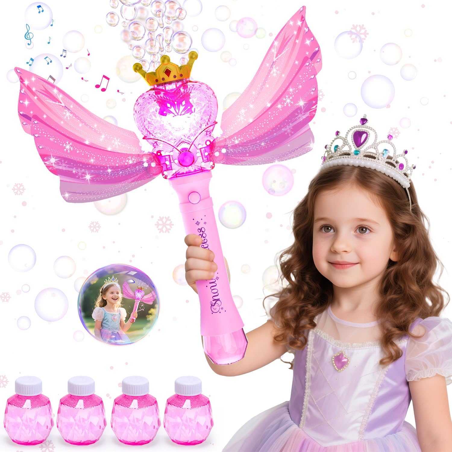 EagleStone Princess Bubble Wand for Kids Girls with LED Lights & Music, Fairy Bubble Machine Toy with 4 Bubble Solutions, Outdoor Bubble Toys for Toddlers Aged 3 4 5 6 7 8, Birthday Gift for Girls