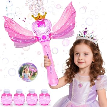 EagleStone Princess Bubble Wand for Kids Girls with LED Lights & Music, Fairy Bubble Machine Toy with 4 Bubble Solutions, Outdoor Bubble Toys for Toddlers Aged 3 4 5 6 7 8, Birthday Gift for Girls