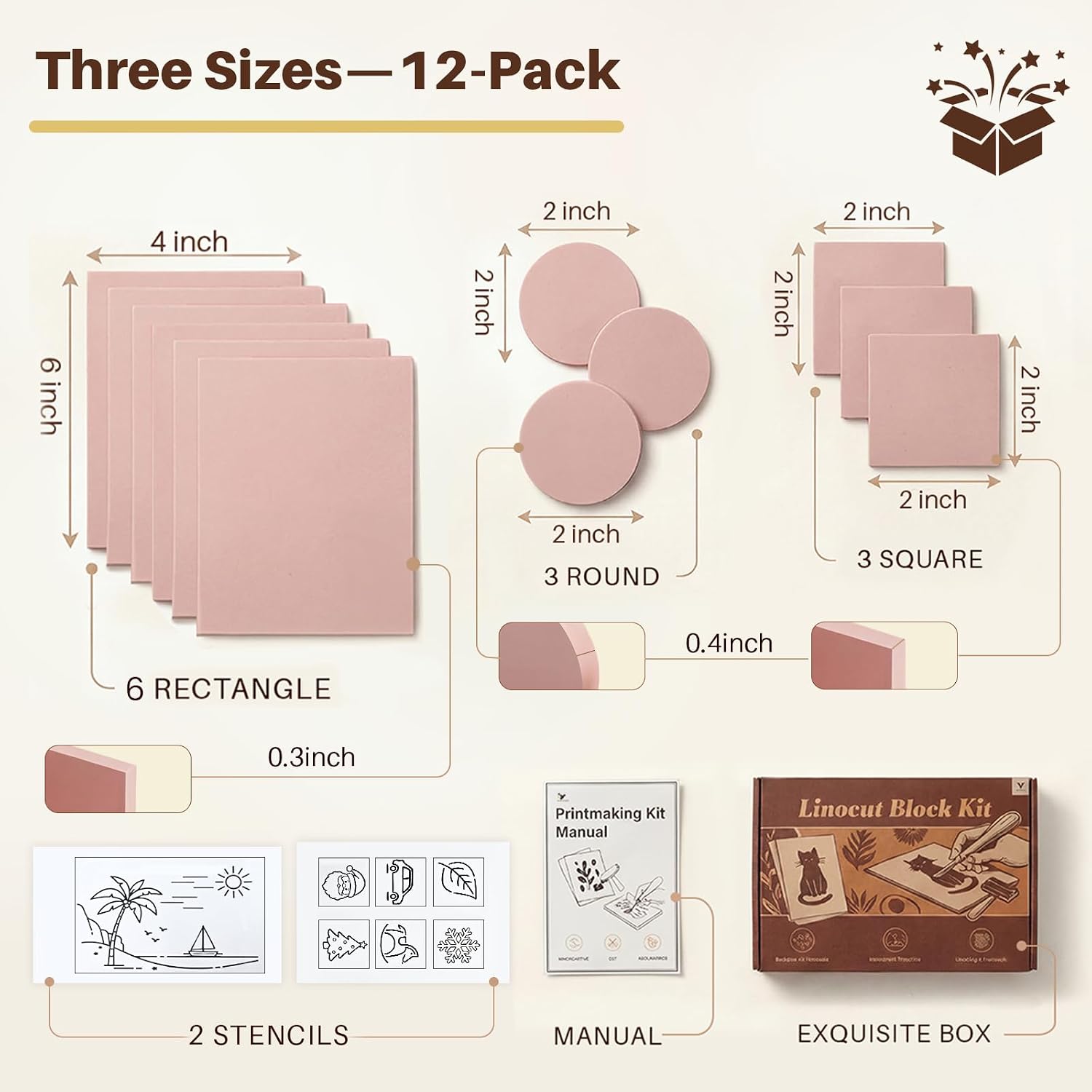 YIPLED 12-Piece Linoleum Blocks for Printmaking，4 x 6 in and 2 x 2 in Soft Rubber Carving Set with Rectangle, Square and Round Shapes for Linocut, Stamp Making and DIY Crafts