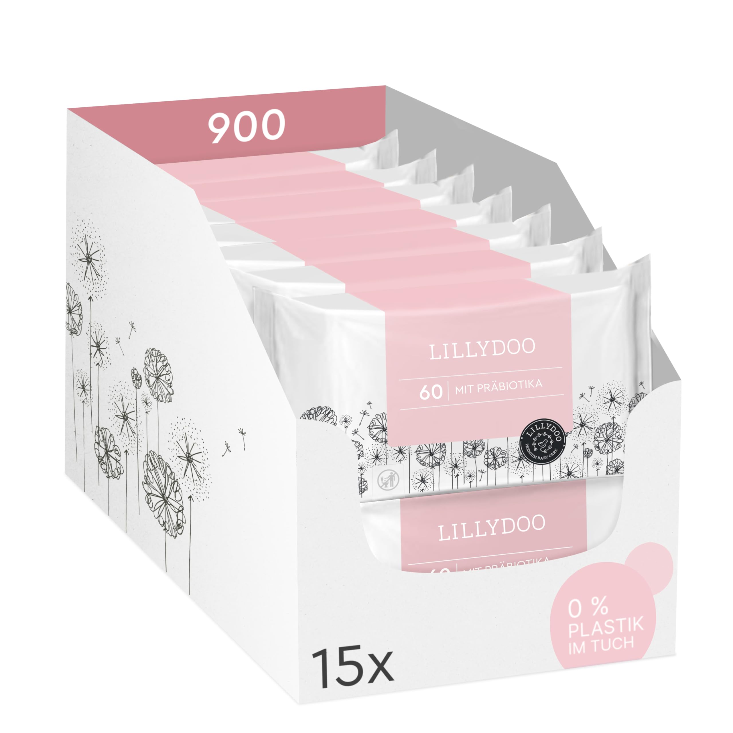 LILLYDOO Feuchttücher mit Präbiotika, 900 Stück (15 x 60),zur Stärkung der natürlichen Hautbarriere, 100% plastikfreies Tuch - sanft & ohne Parfüme, Dermatologisch getestet