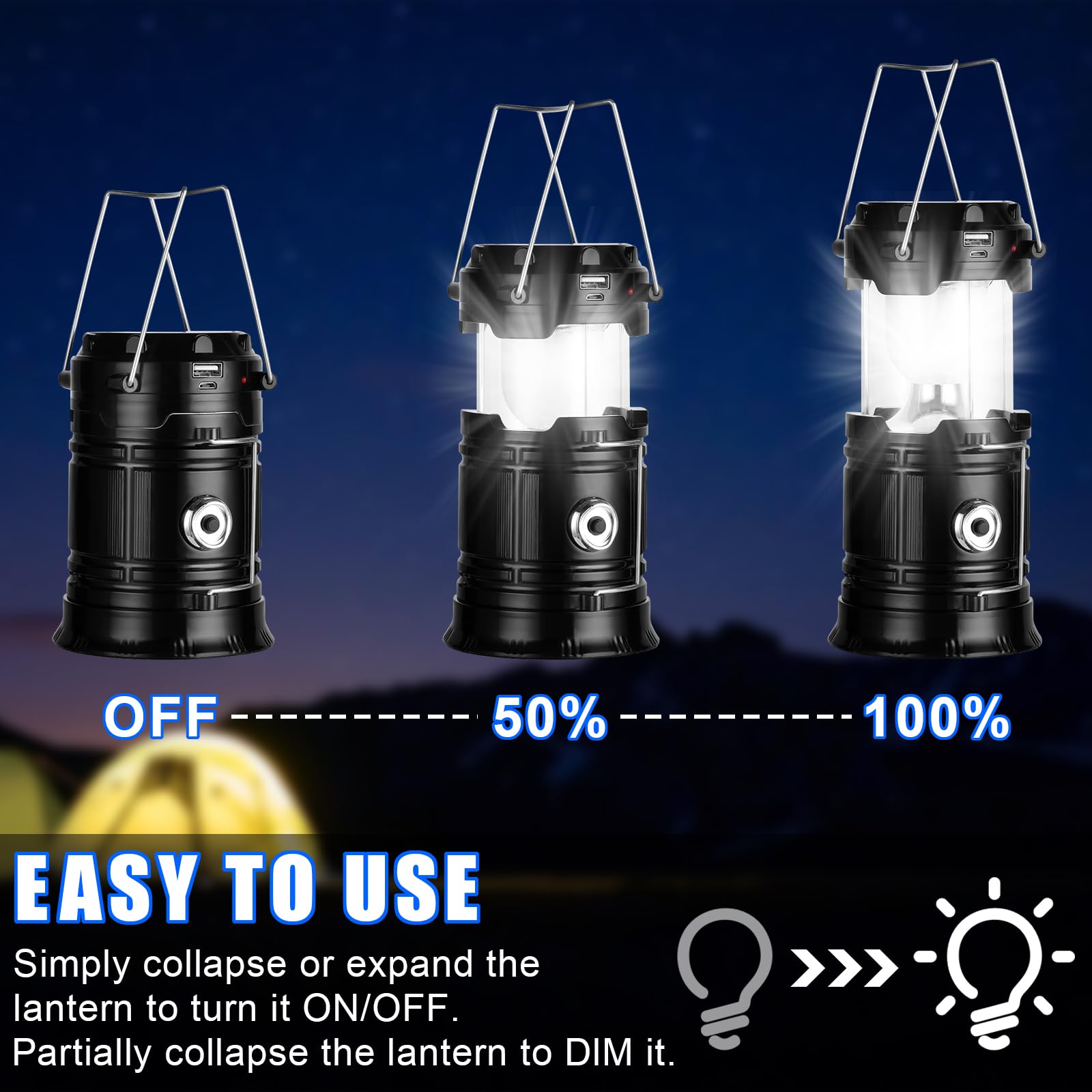 Lampada Campeggio LED Pieghevole Con Pannello Solare E USB, 3 Modalità Luce. Include Bracciale Di Sopravvivenza Con Fischietto E Power Bank.