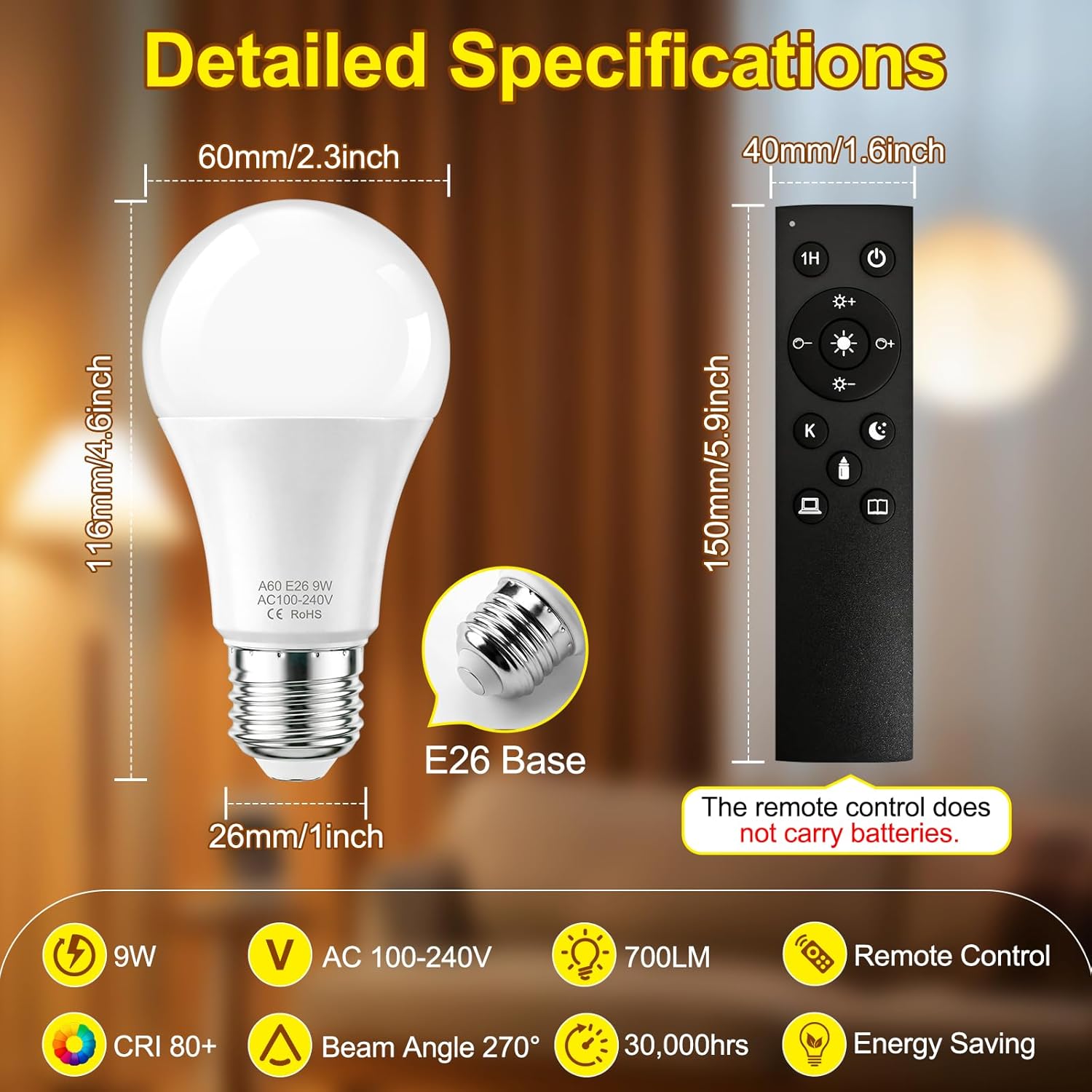 SCNNC A19 LED Remote Control Light Bulbs, 700LM 9W, 60 Watt Equivalent, 3000K-6500K Stepless Dimmable Warm Light Bulbs, E26/E27 Base,100V-240V AC, CRI 80+, 30000+ Hours Lifespan (1 Remote, 2 Bulb)