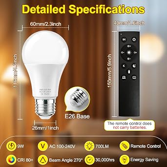 SCNNC LED Remote Control Light Bulbs, 700LM 9W 3000K-6500K E26