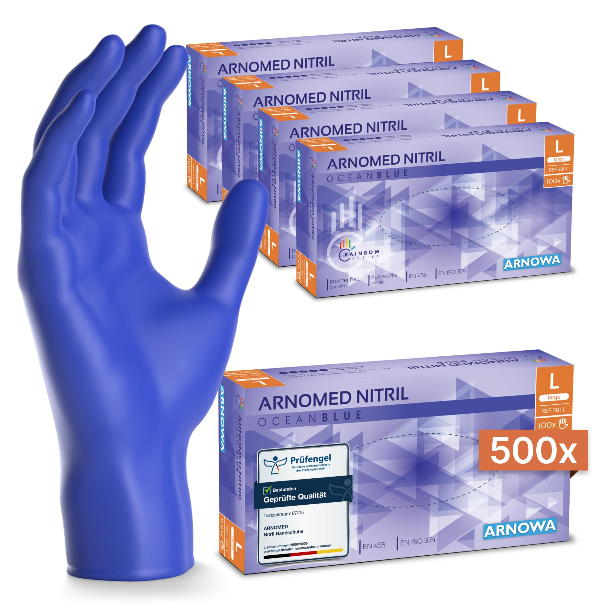 500 Stück ARNOMED Einweghandschuhe Dunkelblau, Einmalhandschuhe L, Nitril Handschuhe Einweg, Nitrilhandschuhe puderfrei, Gummihandschuhe Einweg, Schutzhandschuhe, Handschuhe Nitril in S, M, L, XL