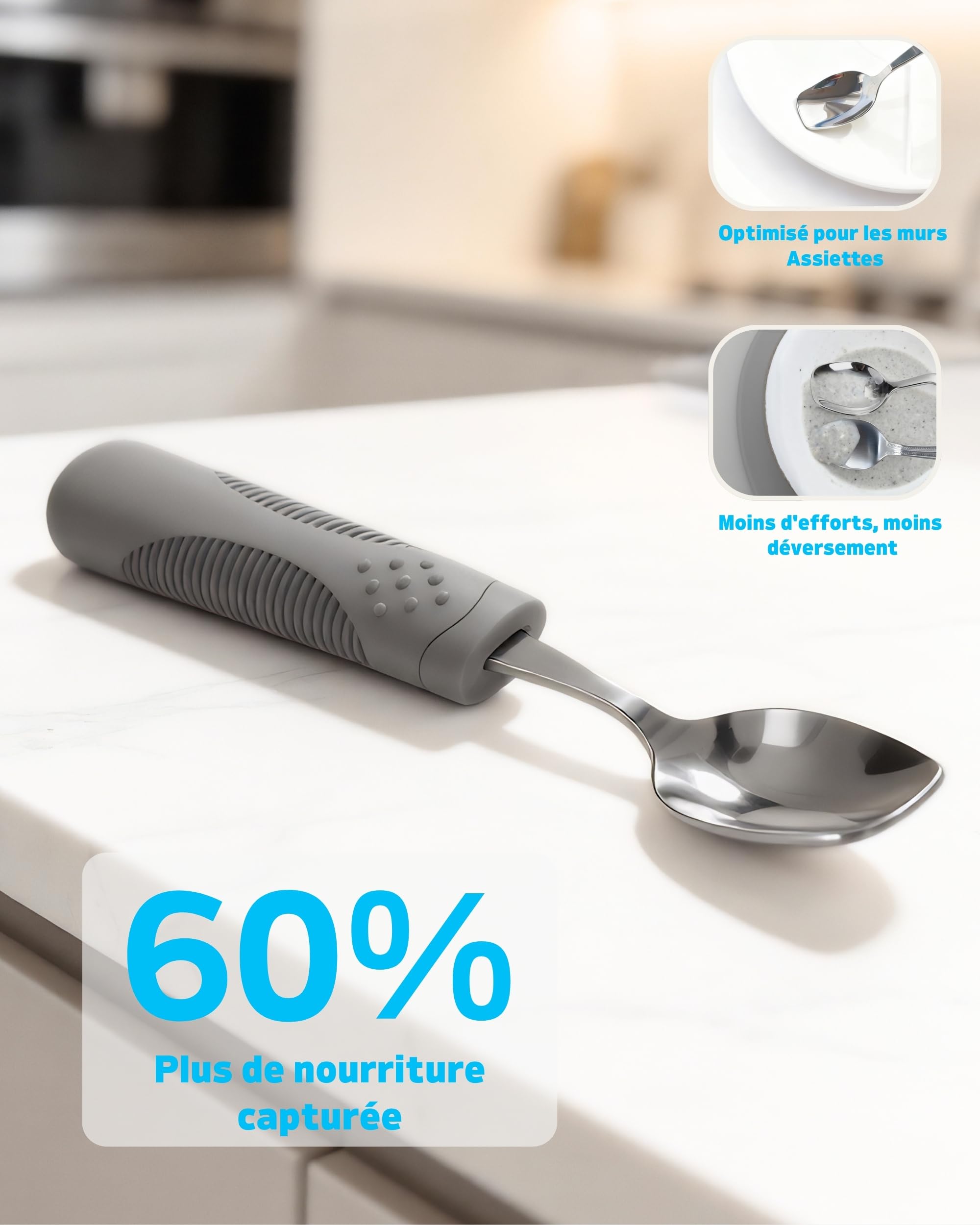 Couverts Lestés Adaptatifs 198g – Tremblements, Parkinson's – Couteau Berçant, Cuillère Pelle, Poignée Ergonomique (Gris)