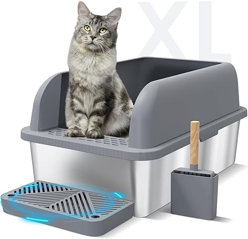 Caja de arena cerrada de acero inoxidable para gatos con tapa, caja de arena extra grande para gatos grandes, bandeja de arena de metal XL con caja