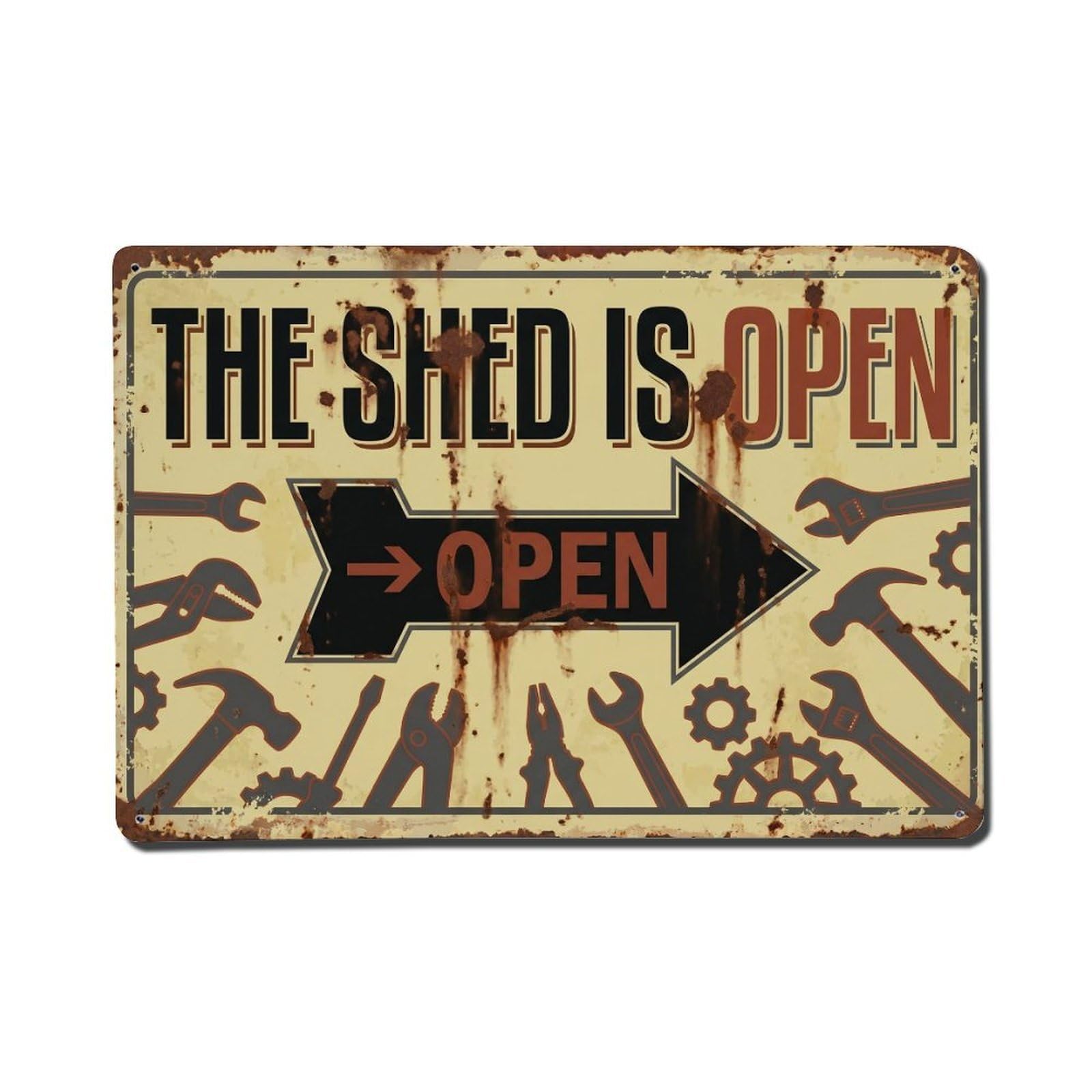 Shed Open Tinker Worker Workshop Tools Welcome Metal Tin Sign Plaque Wall Decor for Cafe, Man Cave, Club Bar, Office, Home Garden Round Metal Poster 8x12Inch