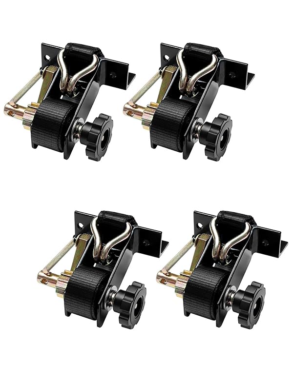 Lumber Rack Ratchet Straps, W/J-Hook (4PCS), 1.4" Black Square Tube Mount, 1.5" Wide x 7.5' Long, Black Ladder Rack Ratchet Straps, 500 lbs Load Heavy Duty, Truck Rack Straps, Pipe/Roof Rack Strap by HQPASFY - Used condition - US$53.97
