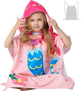 Pink Mermaid Hooded Beach Towel for Kid Toddler Girls Bath Pool | Wearable with Snaps