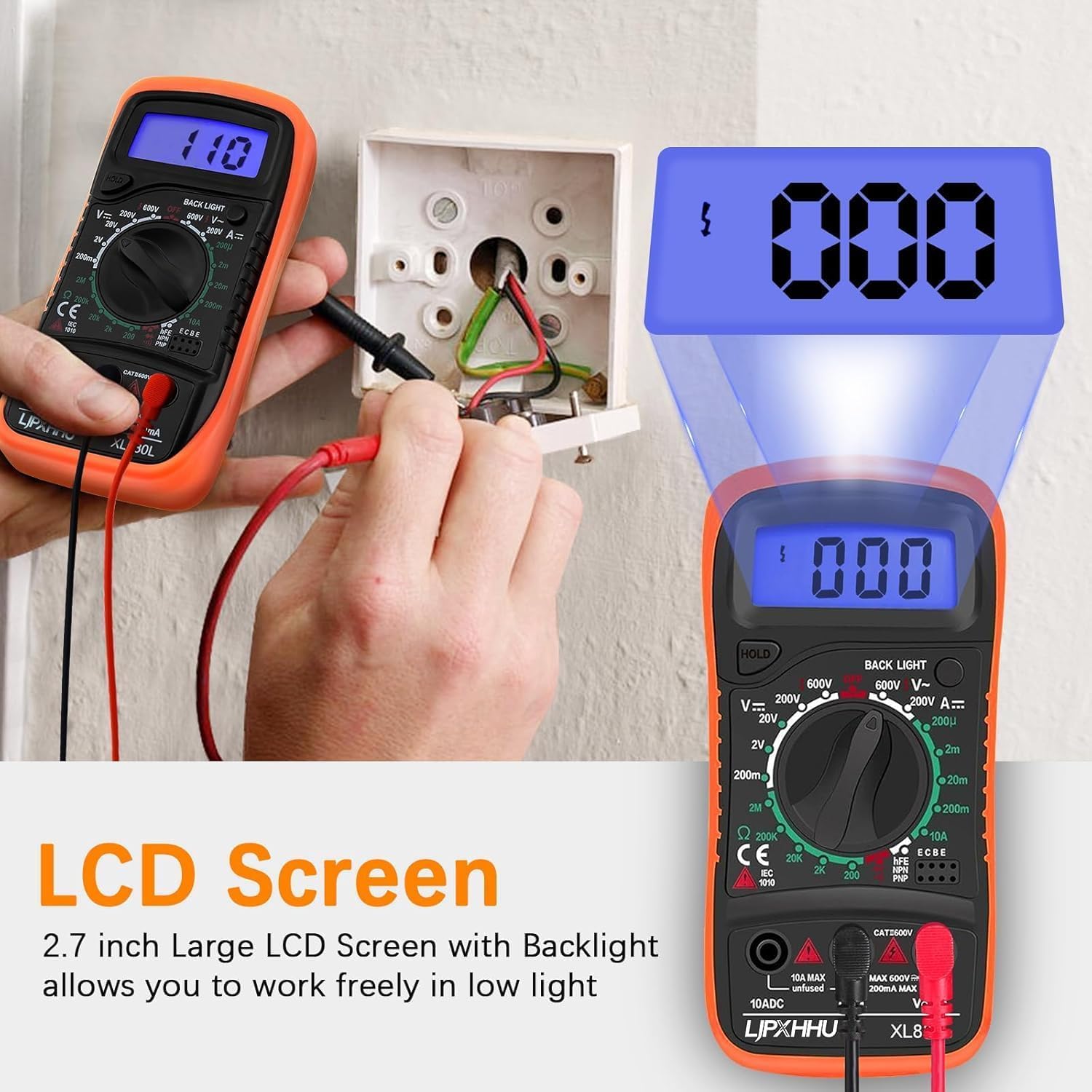 Digital Multimeter Voltmeter Battery Voltage Multi Tester AC DC Volt OHM Amp Current Meter Circuit Continuity Resistance Diode Electrical Tester with Test Leads Backlight LCD Display - Image 3