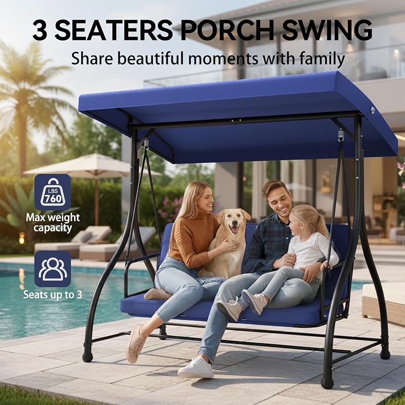 3-Seat Patio Swing Chair Outdoor Heavy Duty Steel Frame with Adjustable Canopy Removable Cushions - All Weather Porch Swings Glider for Backyard, Garden, Poolside - Blue image 2