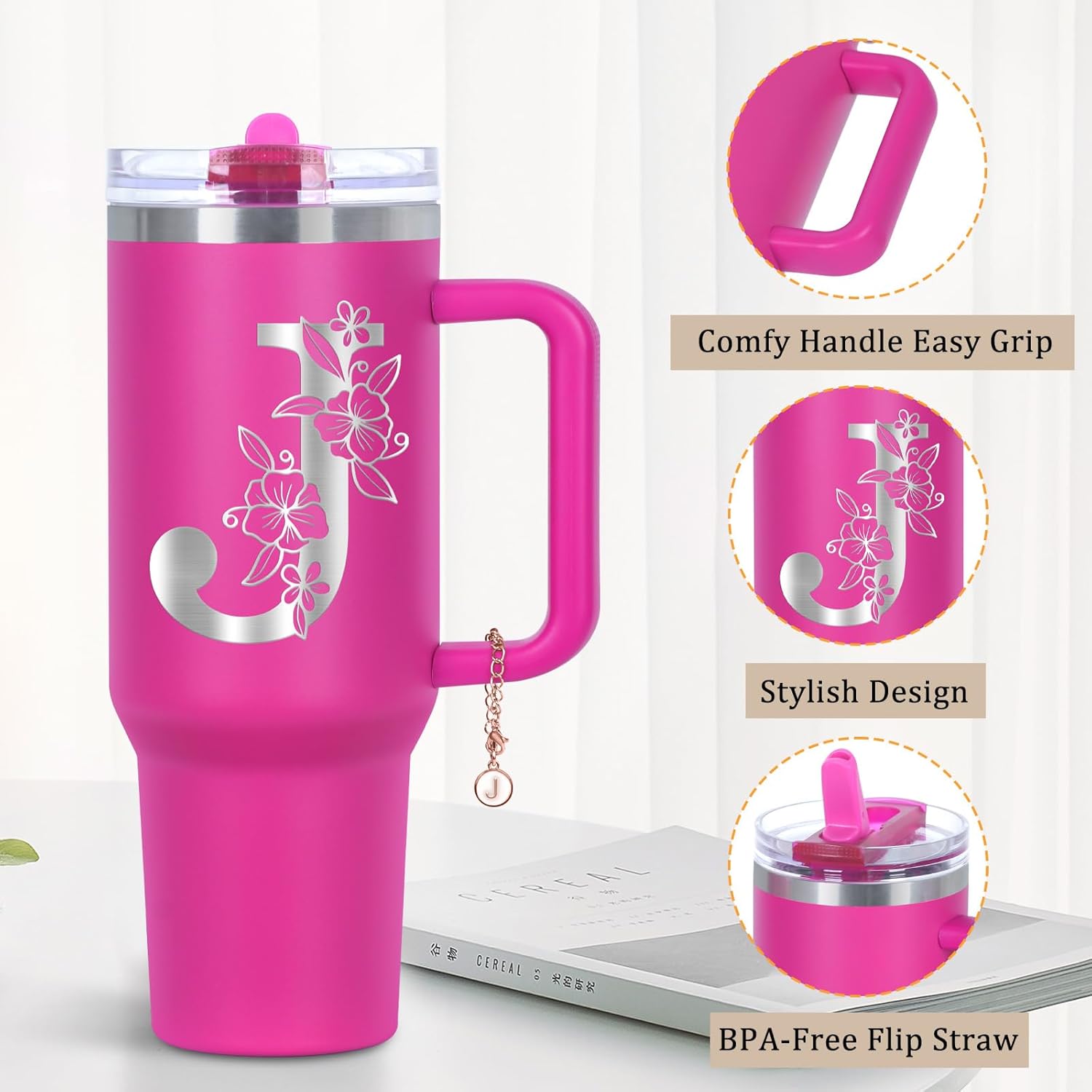 Personalized 40 oz Monogrammed Tumbler with Handle & Flip Straw, 100% Leak Proof stainless steel Insulated Tumbler, Customized Initial Funny Gifts for Women Mom Sisters Coworker, J - Image 3
