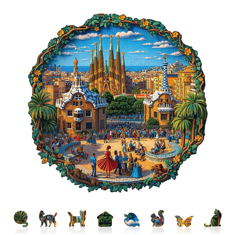 Jigfoxy Wooden Puzzles for Adults, 275-Piece Barcelona Plaza Jigsaw Puzzle, Unique Animal-Shaped Jigsaw Puzzle for Adults and Teens, Creative Gift with Premium Wooden Box,13.4 * 13.3in