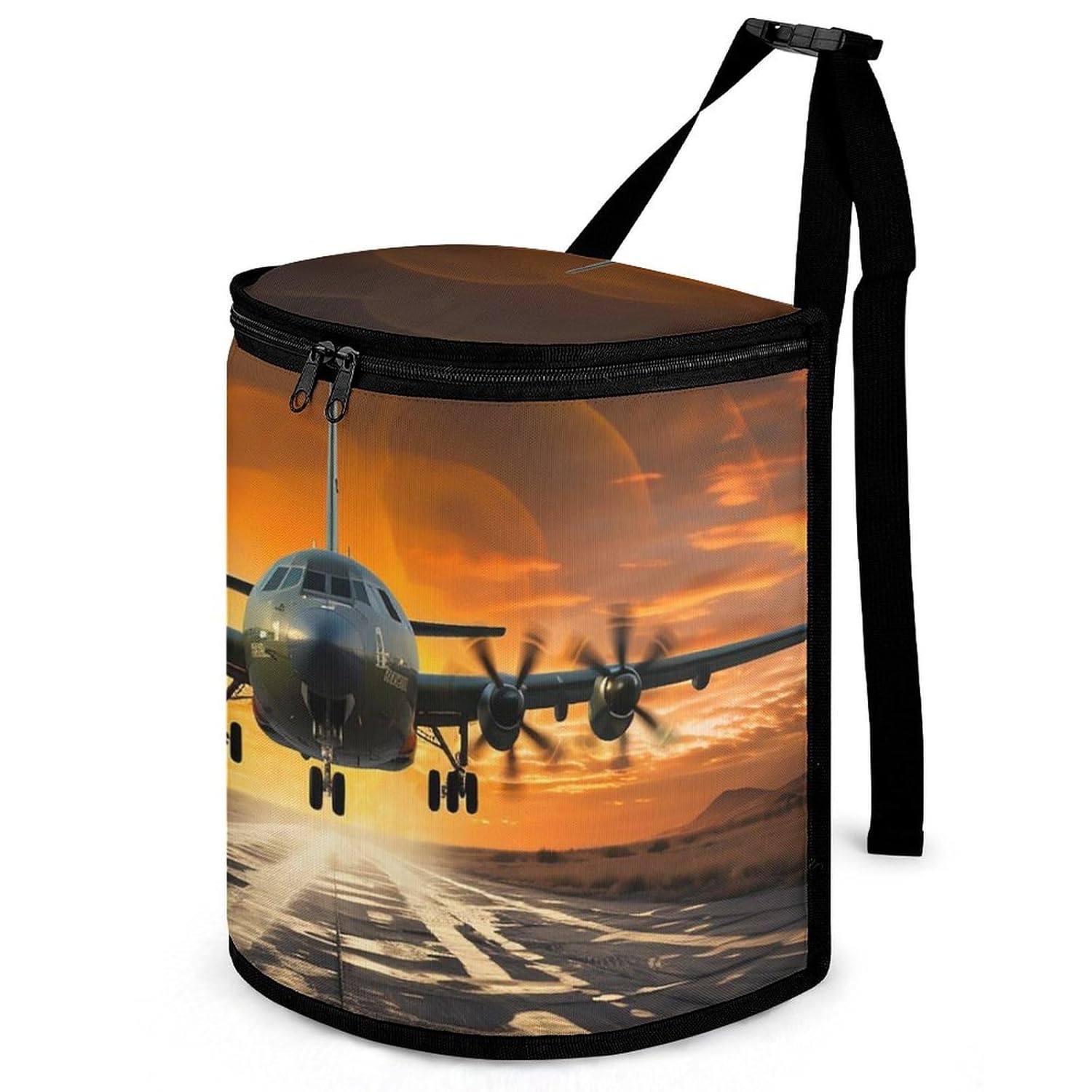 Car Garbage Storage Bag Military Plane Landing On Runways Printed Hanging Vehicle Trash Bin Car Trash Can with Zipper Lid Portable Garbage Storage Bags for Truck Van and SUV