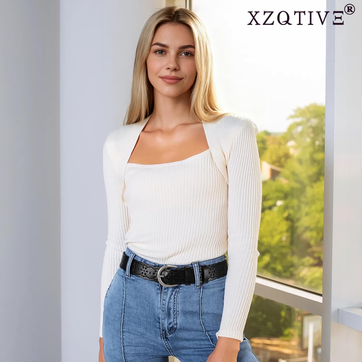 XZQTIVE Women Plus Size Leather Belt for Jeans Dresses Pants Hollow Flower Waist Belts with Solid Pin Buckle - Image 3