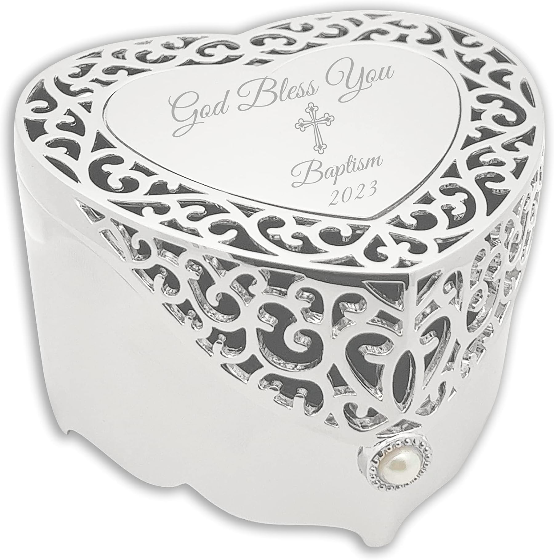 Cherished Moments Baptism Gift for Girls Jewelry Keepsake Box with Heart-Shaped Filigree Design and Engraved Cross, Silver Toned