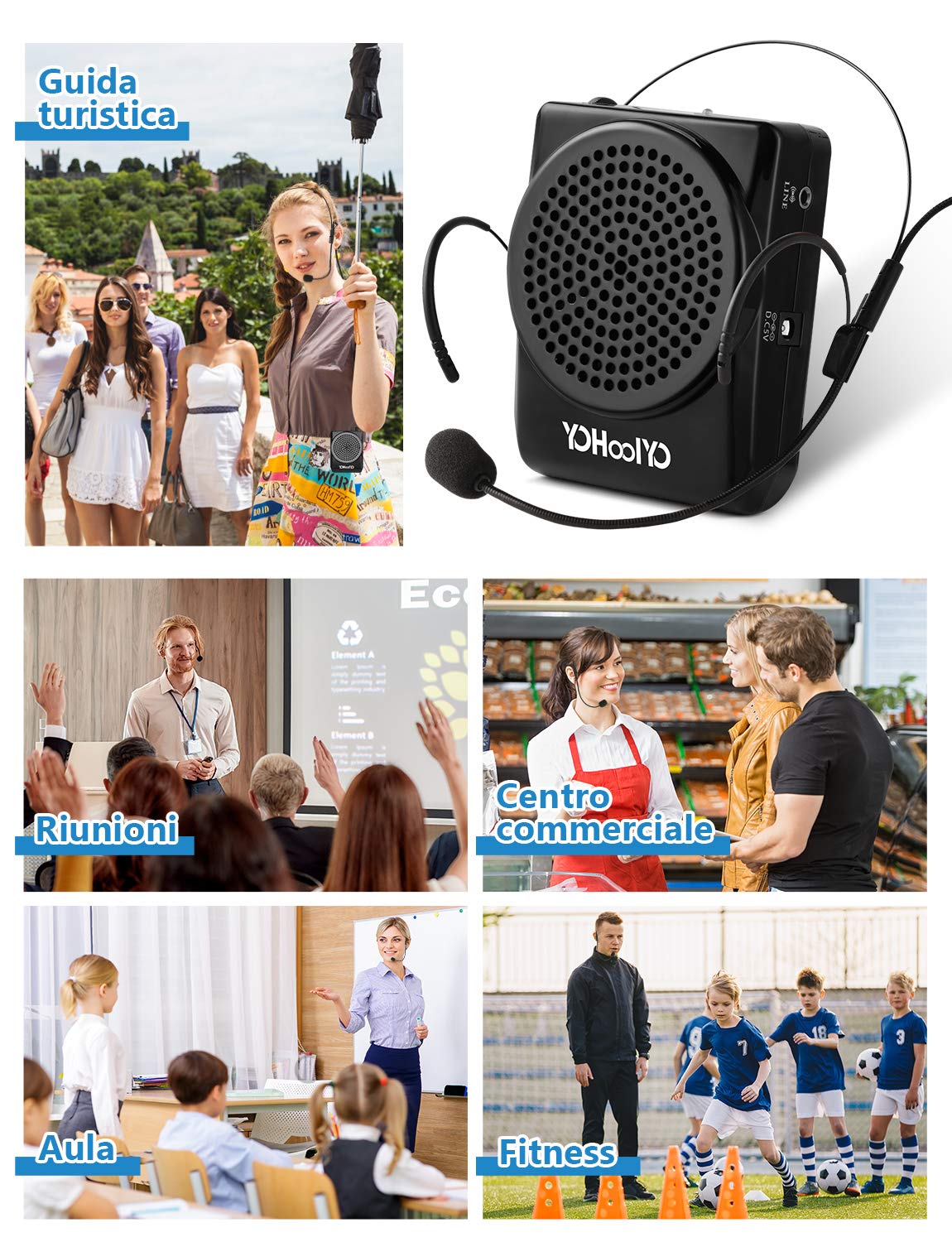 YOHOOLYO Mini Amplificatore Altoparlante di Voce 20W da Cintura Ricaricabili, Microfono Portatile Speaker con Microfono Auricolare Regolabile, Amplificatore Vocale per Insegnanti Guida Turistica