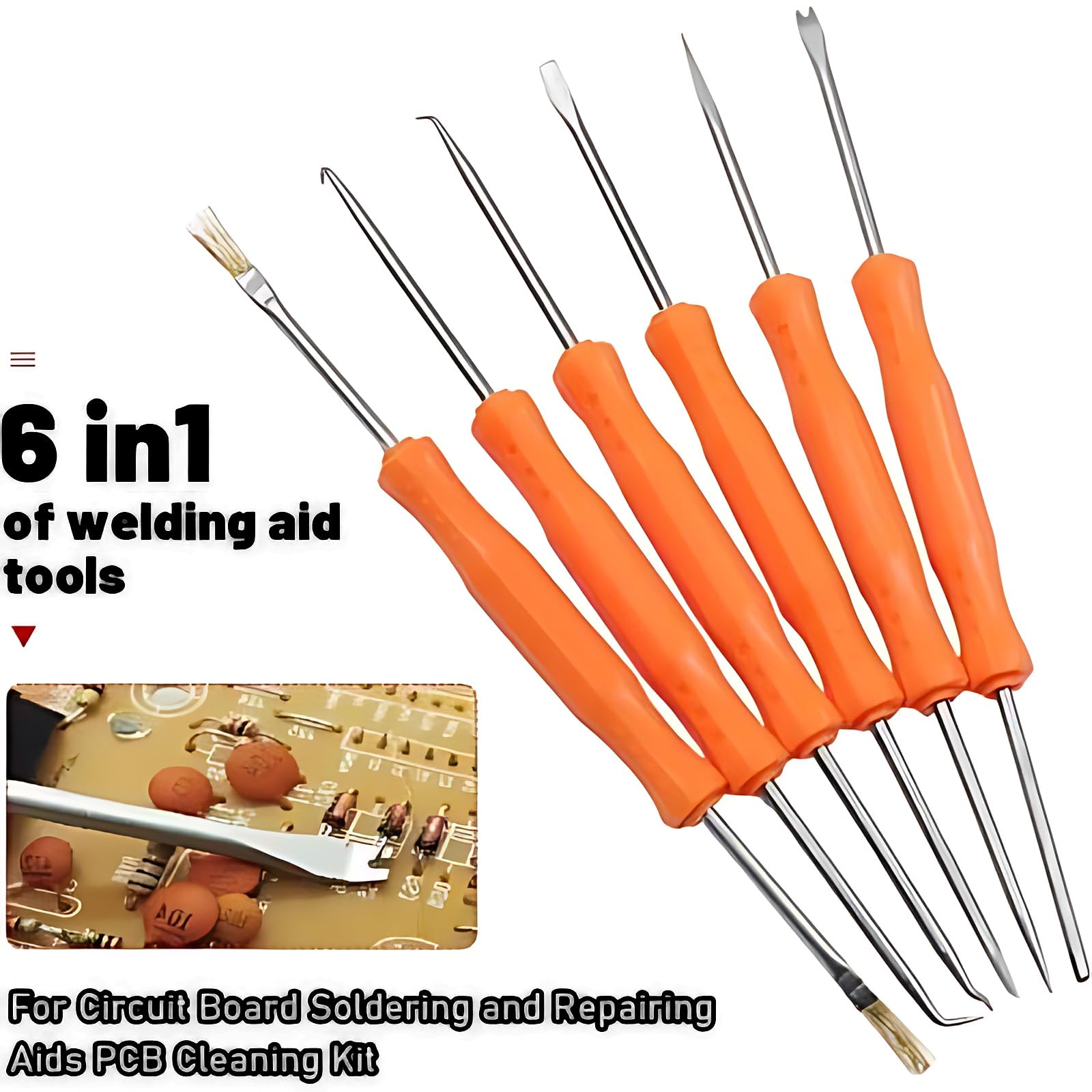 Welding Auxiliary Tools 6Packs Metal Solder Aid Kits Circuit Board Precise Welding Tool Set Brush Scraper Fork Hook Awl(Orange) - Image 2