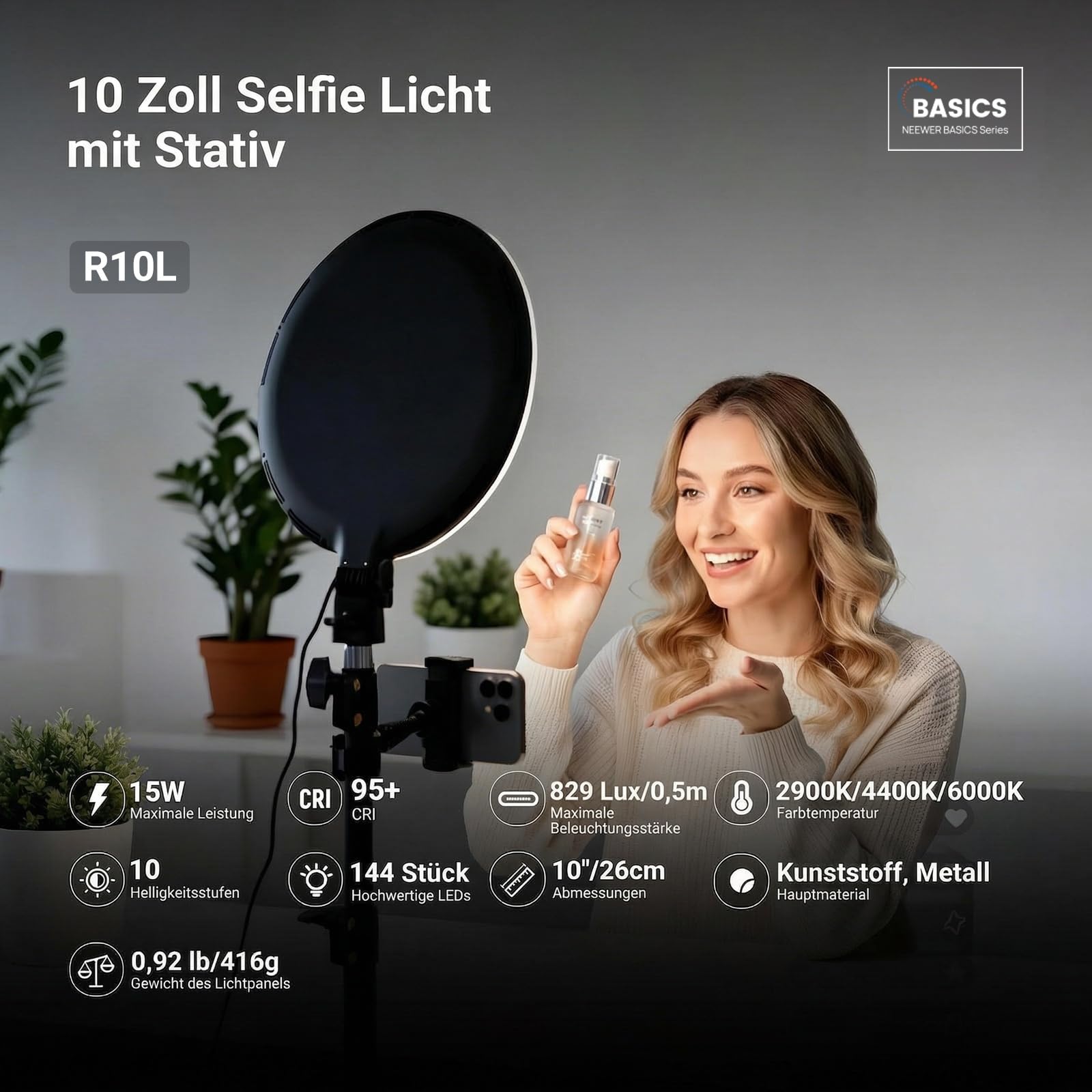 NEEWER BASICS 10" Ringlicht mit 63" Stativ/Handyhalterung/Fernbedienung kompatibel mit iPhone, 15W, zweifarbige, Edge Lit Vollbild LED Beleuchtung, CRI 95+ für Video Selfies Streaming und Makeup, R10L