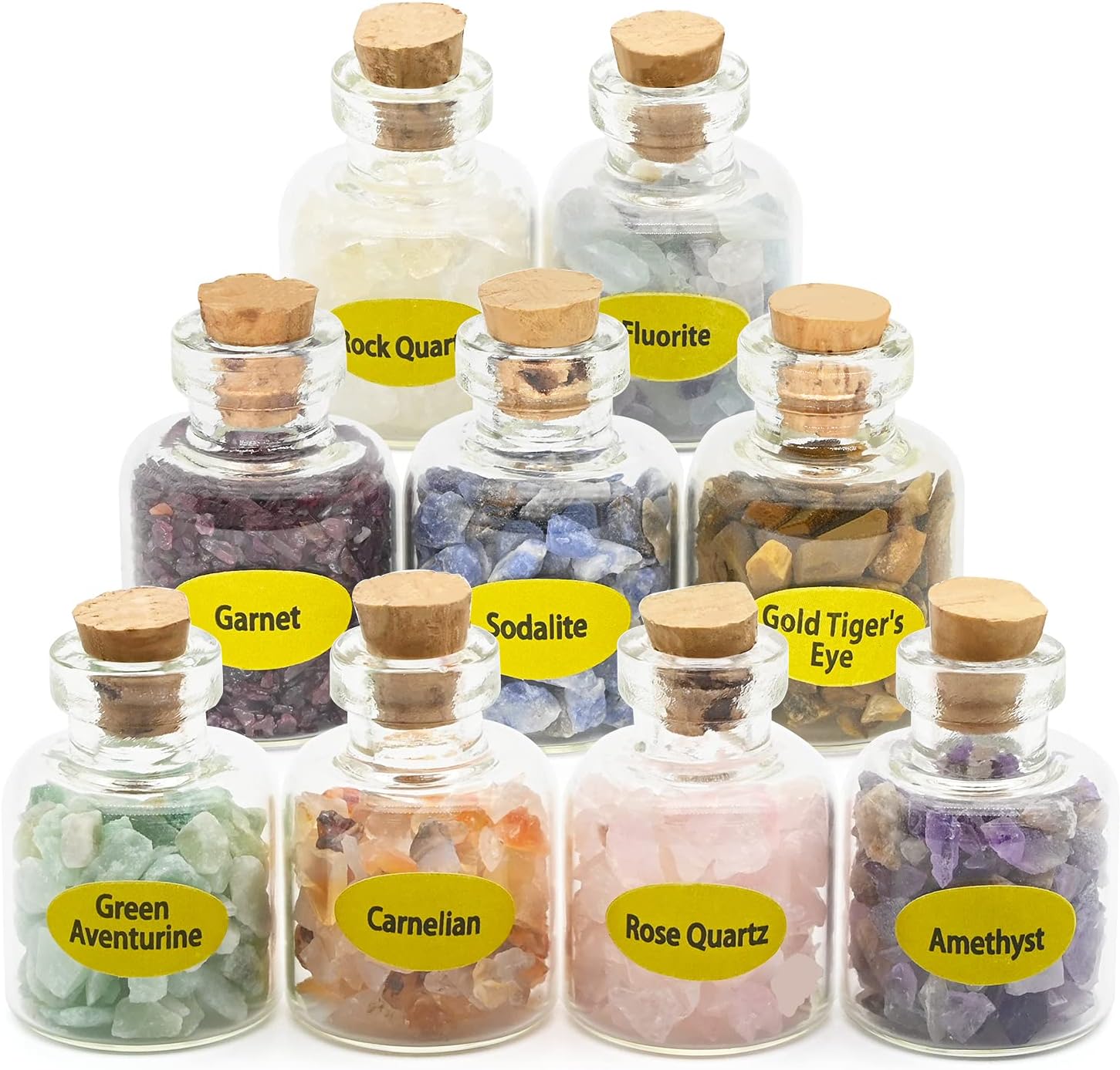 CECOMBINE 9 Mini Crystals Gemstone Bottles, Healing Crystal Tumbled Stones Collection Kit Natural Quartz Gravel Wishing Bottle, Home Craft Bottles for Reiki, Healing, Meditation, Chakra