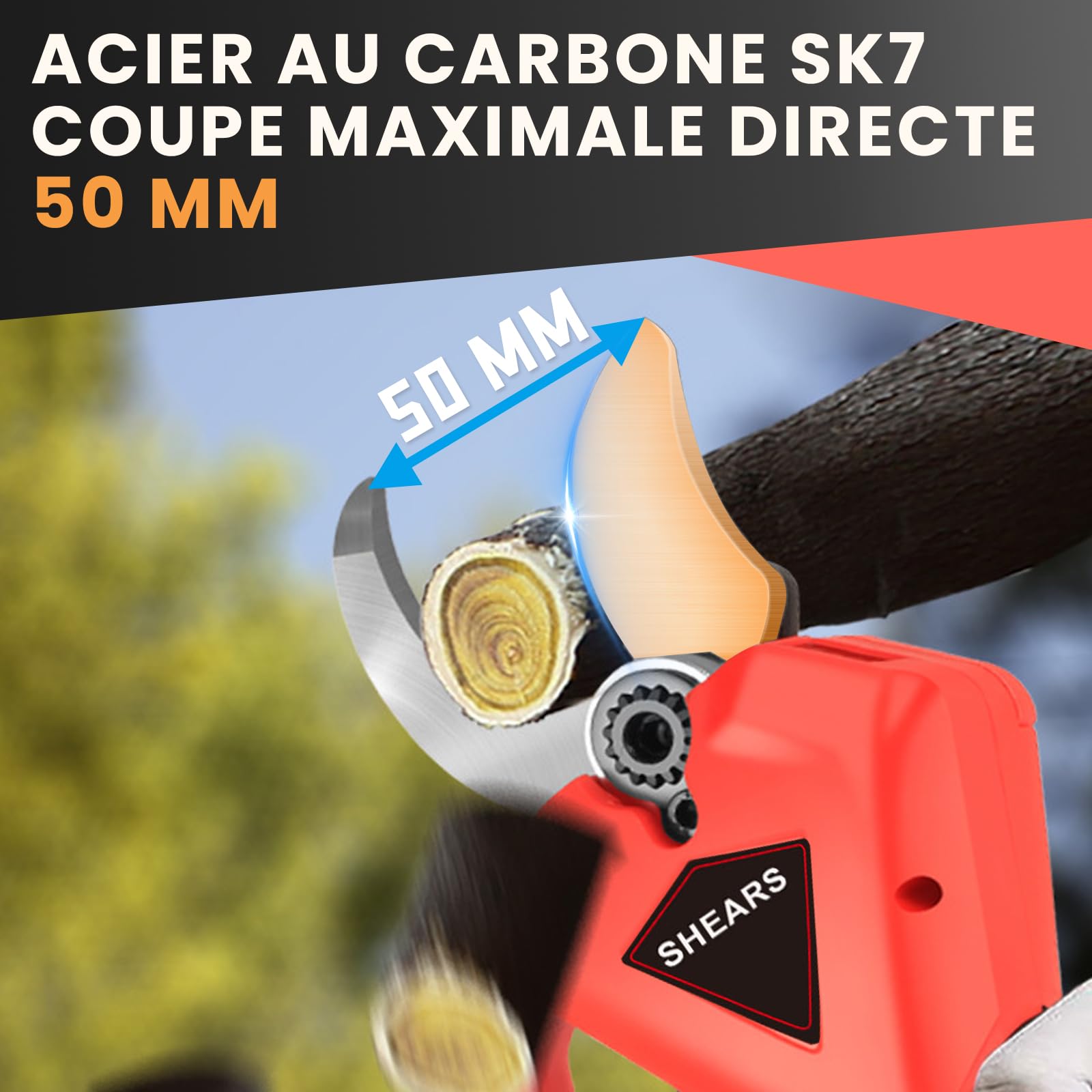 Secateur Electrique Sans Fil 50mm, Secateur Electrique avec 2*Batteries 2000mAh, Moteur Sans Balais, Lame SK7, Écran LCD, Professionnel Sécateur la taille, le Jardinage, les Arbres Fruitiers