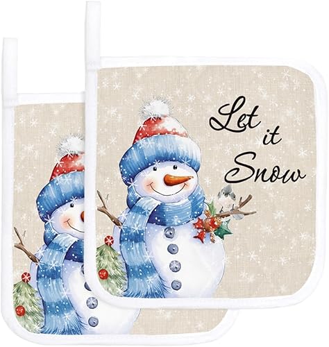 Juego de 2 soportes para ollas de muñeco de nieve azules para cocina, platos para horno, almohadillas a prueba de calor con lazo para colgar,
