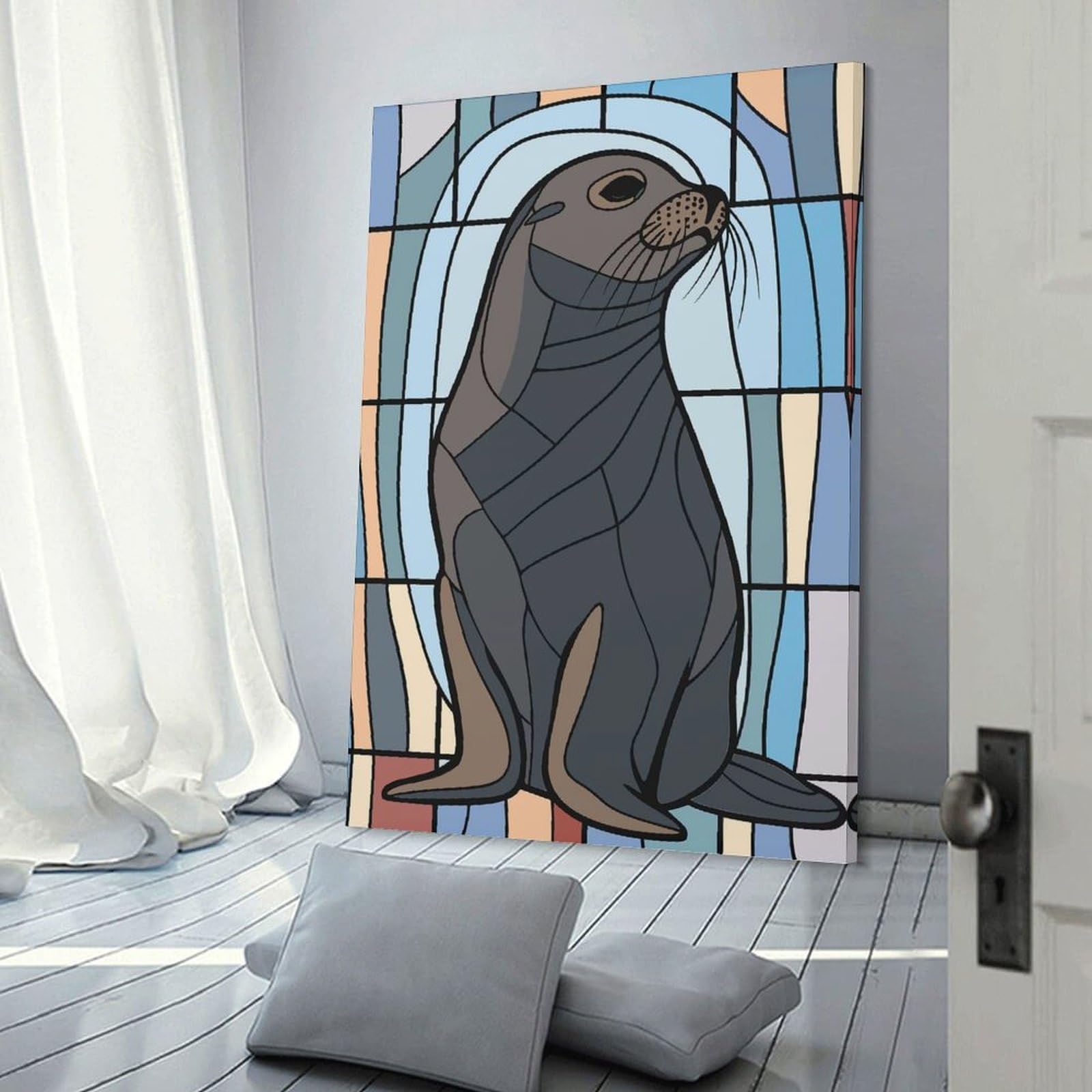 Junmoney Stained Glass Seal Wall Picture Print 24x36inch(60x90cm), for Bedroom Decor, Cosy Corners Or Studios, Home Artwork with A Soft Interior Feel